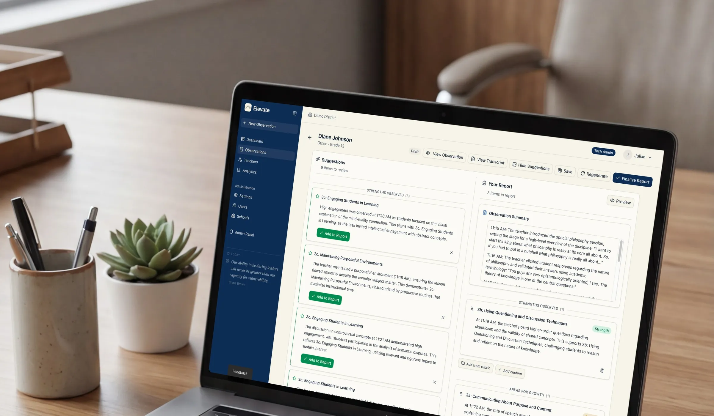 Elevate observation platform showing AI-assisted rubric suggestions alongside a teacher evaluation report